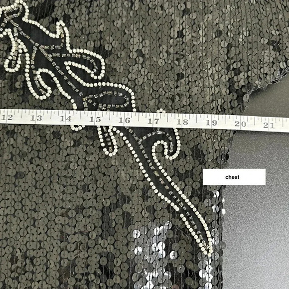 Vintage Sarin Sequin Top Womens S / M Beaded Black Silver Floral Silk 80s Blouse - Picture 13 of 15